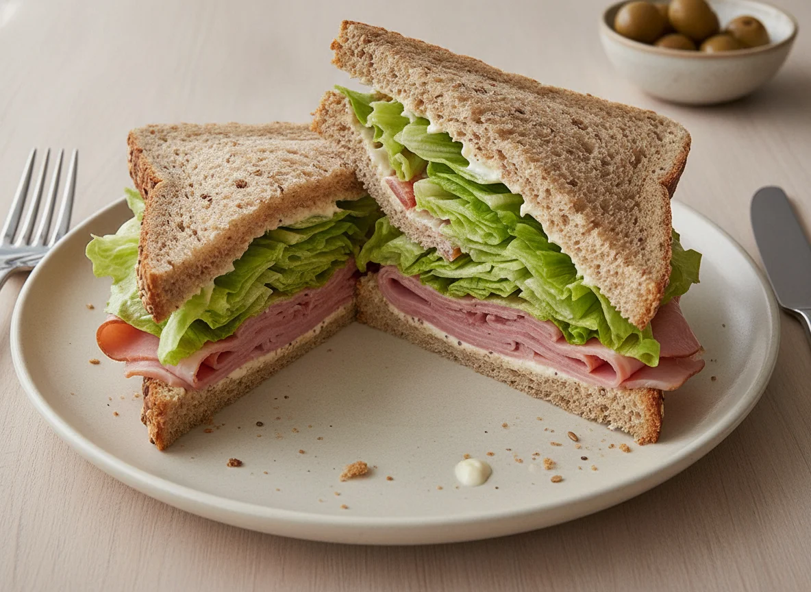 Whole grain sandwich with ham and lettuce photo