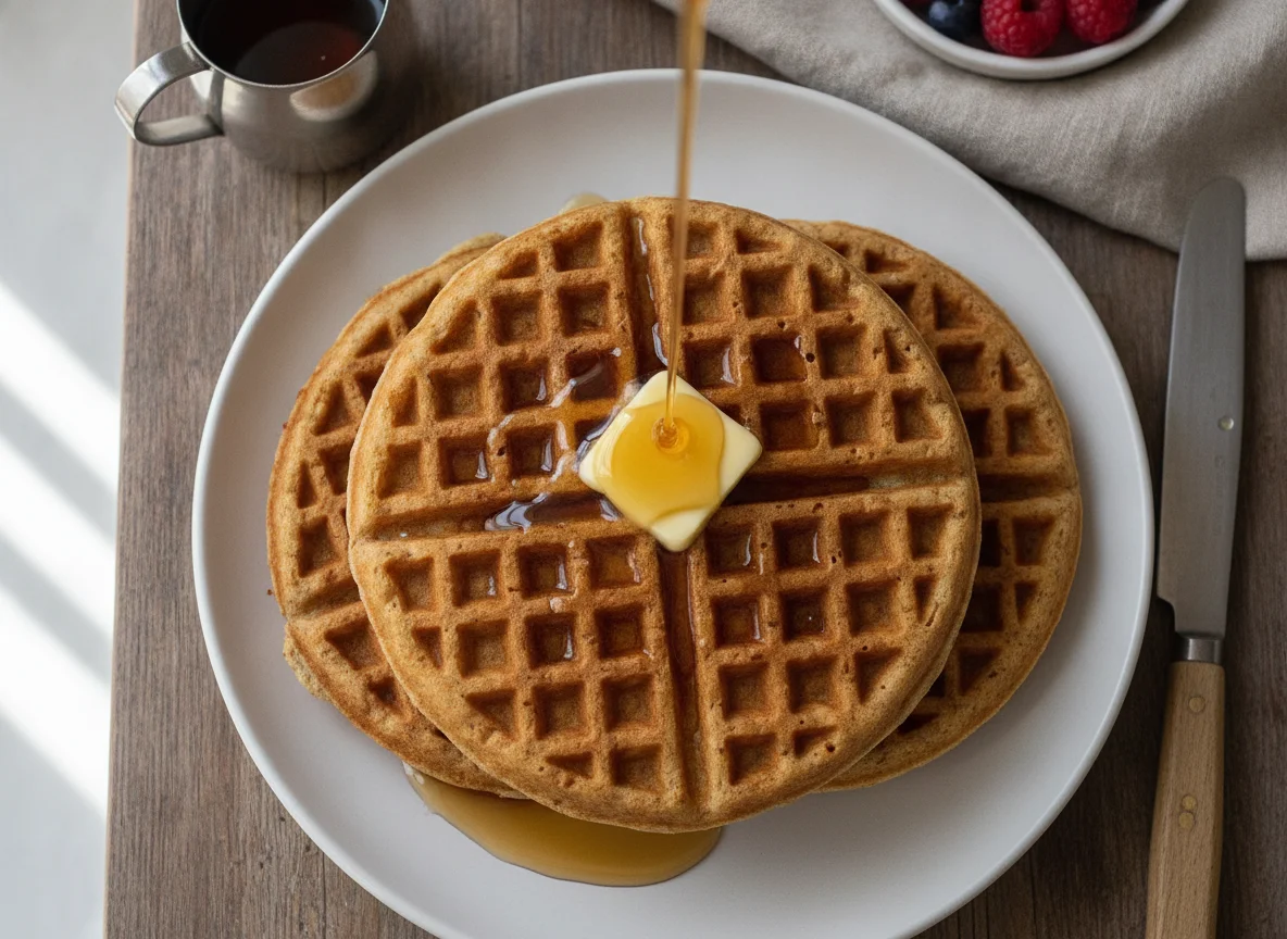 Whole grain waffles with butter and syrup photo