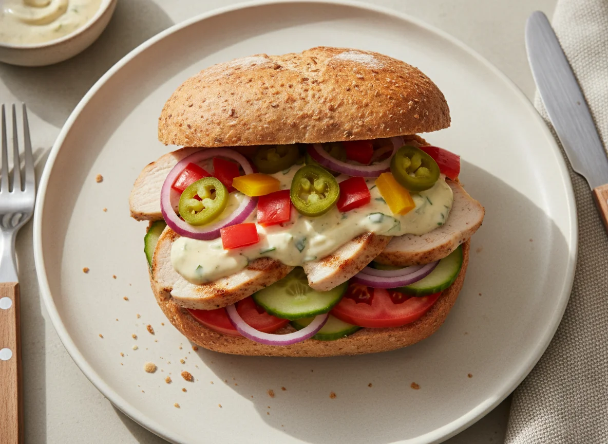 Whole meal bun with chicken and vegetables photo