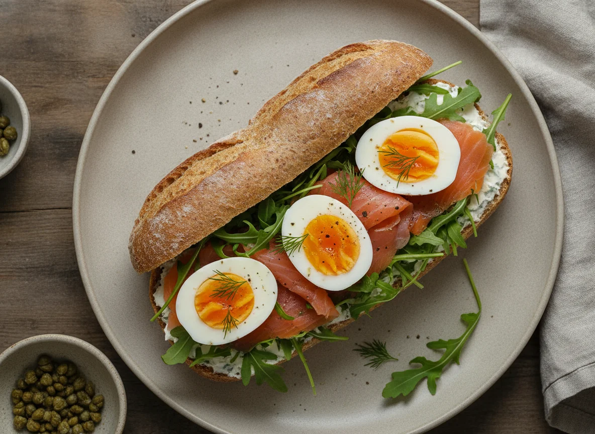 Whole wheat baguette with smoked salmon, egg, and arugula photo
