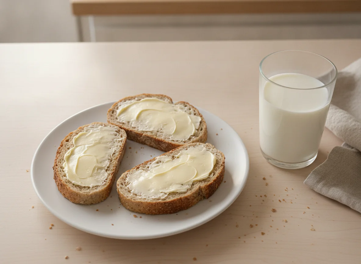 Whole wheat bread with butter and skim milk photo
