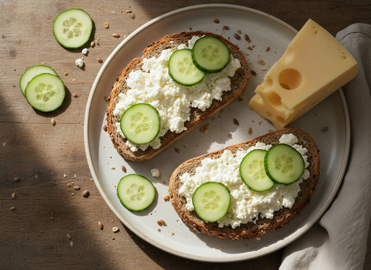 Whole Wheat Bread with Cottage Cheese and Cucumber, and a slice of Cheese photo
