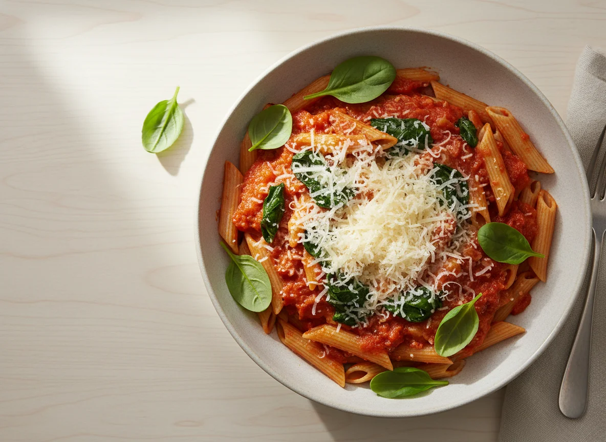 Whole Wheat Penne Pasta with Tomato Sauce and Parmesan photo
