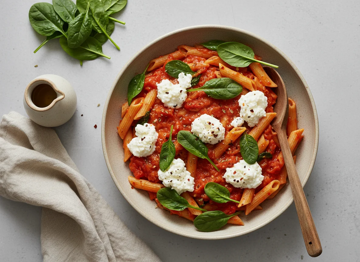 Whole Wheat Penne Pasta with Tomato Sauce, Cottage Cheese, and Spinach photo