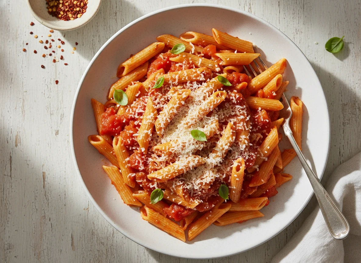 Whole Wheat Penne with Tomato Sauce and Parmesan photo