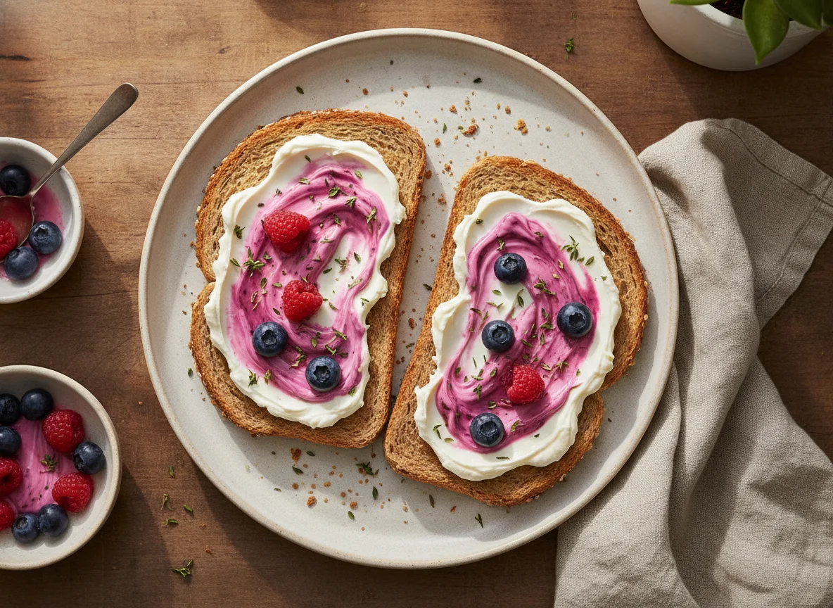 Whole wheat toast with cream cheese and Greek yogurt photo