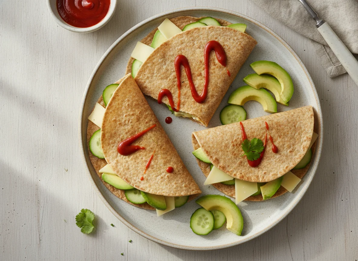 Whole wheat tortillas with cheese, avocado, and cucumber photo