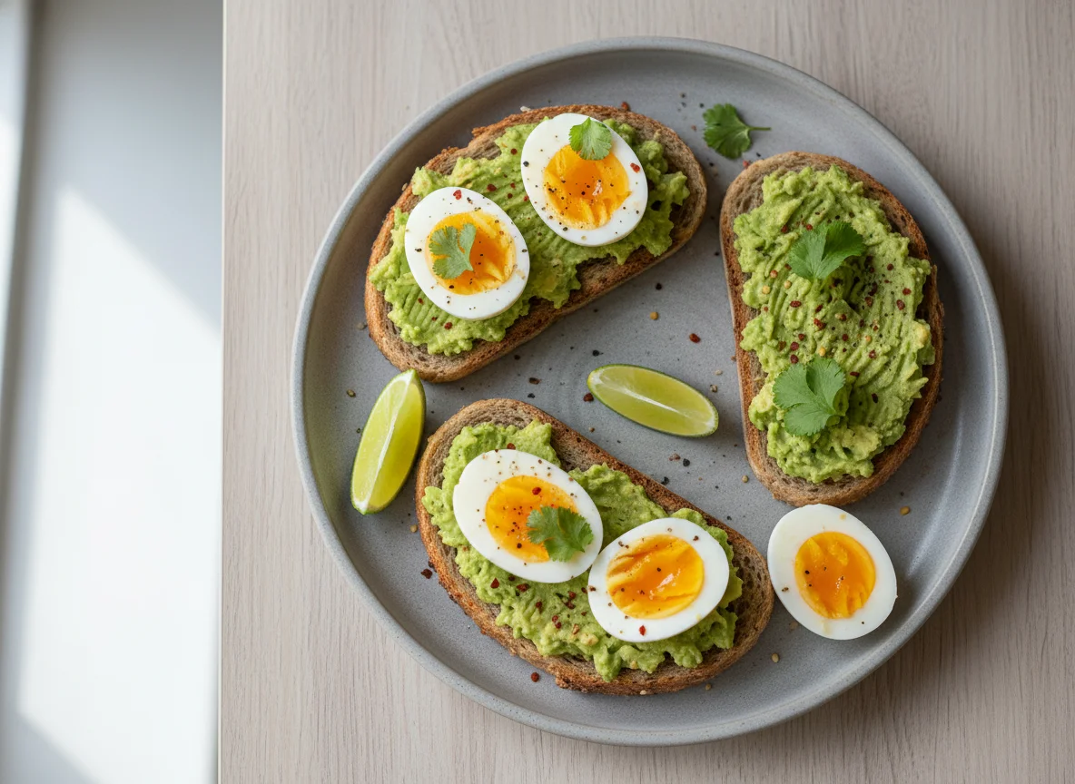 Wholemeal bread with avocado and boiled eggs photo
