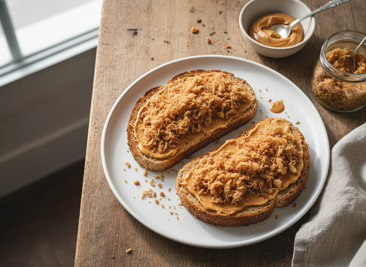 Wholemeal bread with peanut butter and pork floss photo