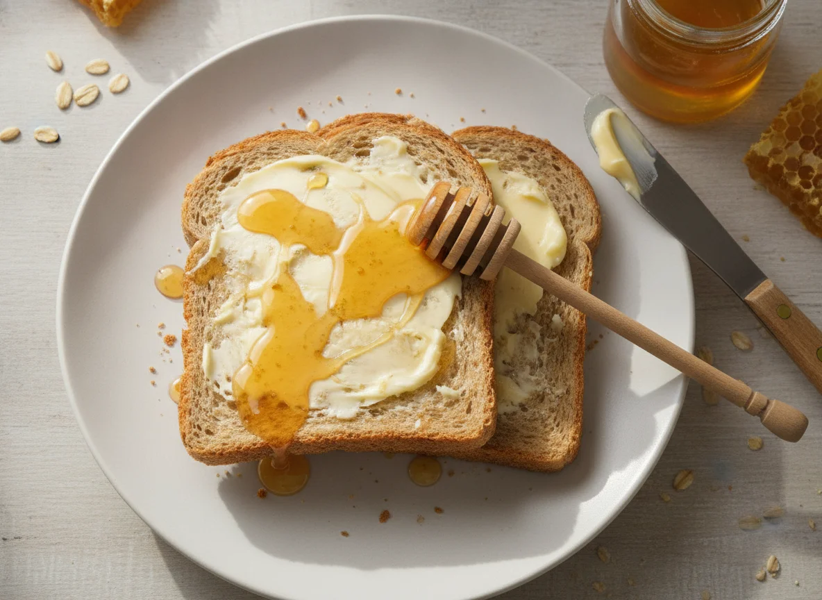 Wholemeal toast with butter and honey photo