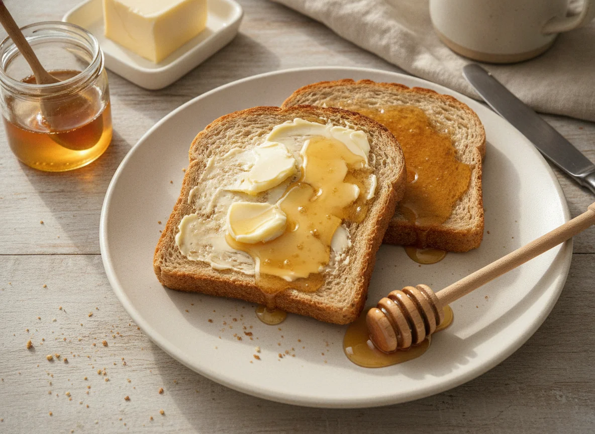 Wholemeal toast with honey and butter photo