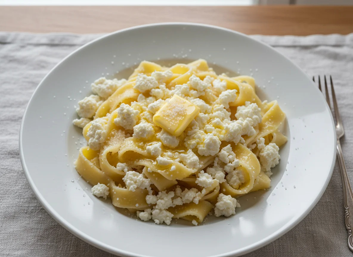 Wide noodles with curd cheese photo