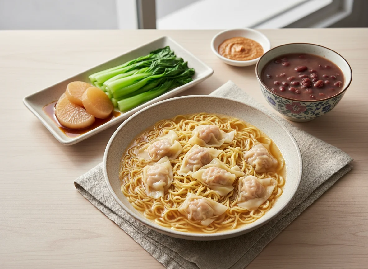 Wonton Noodles with Braised Vegetables and Dessert photo
