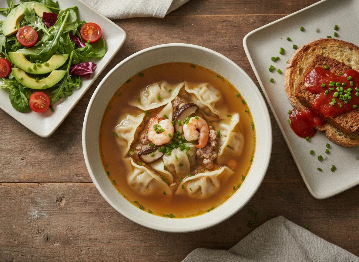 Wonton soup with side salad and meatloaf on toast photo