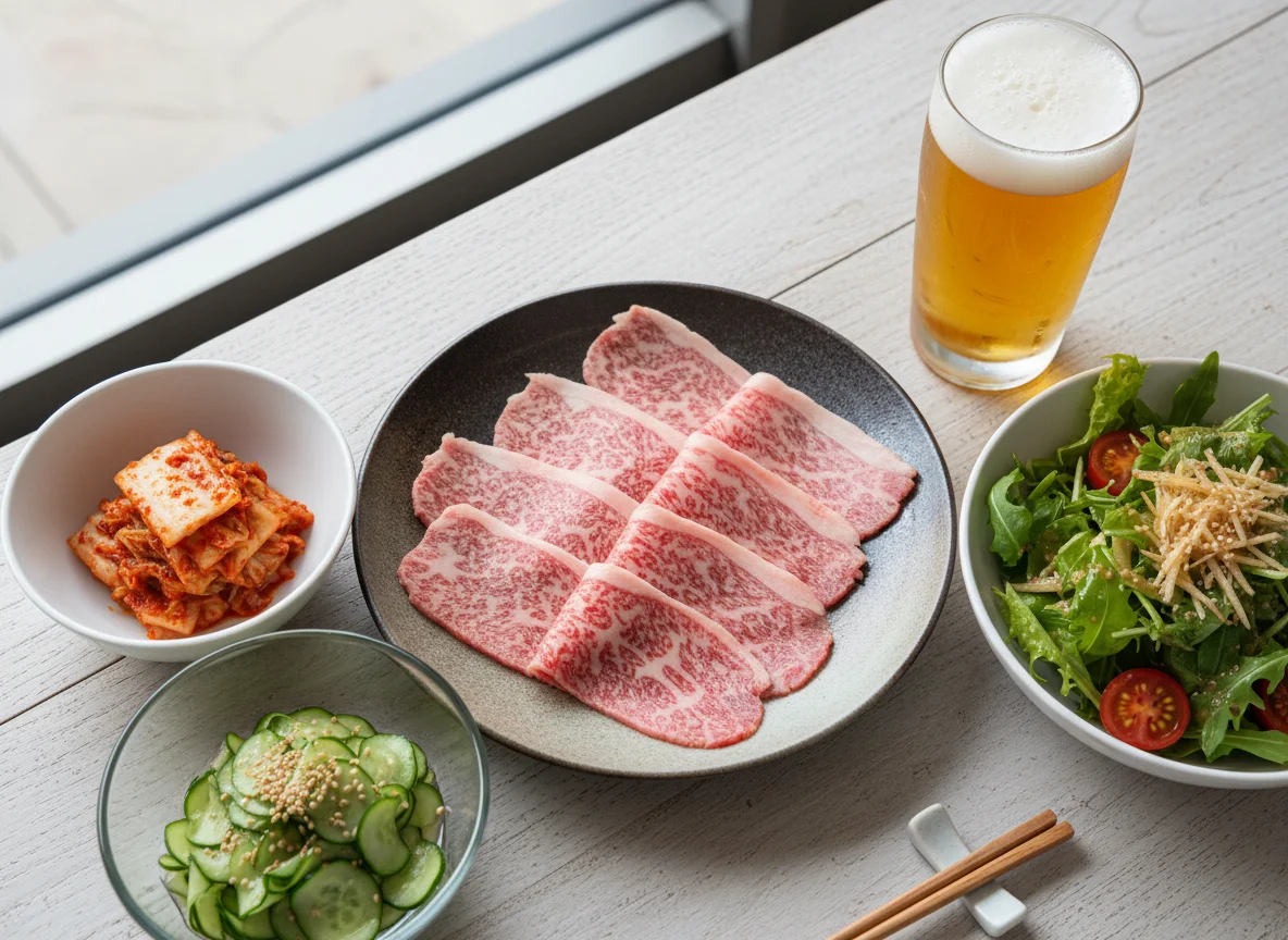 Yakiniku style marbled beef with side dishes and beer photo