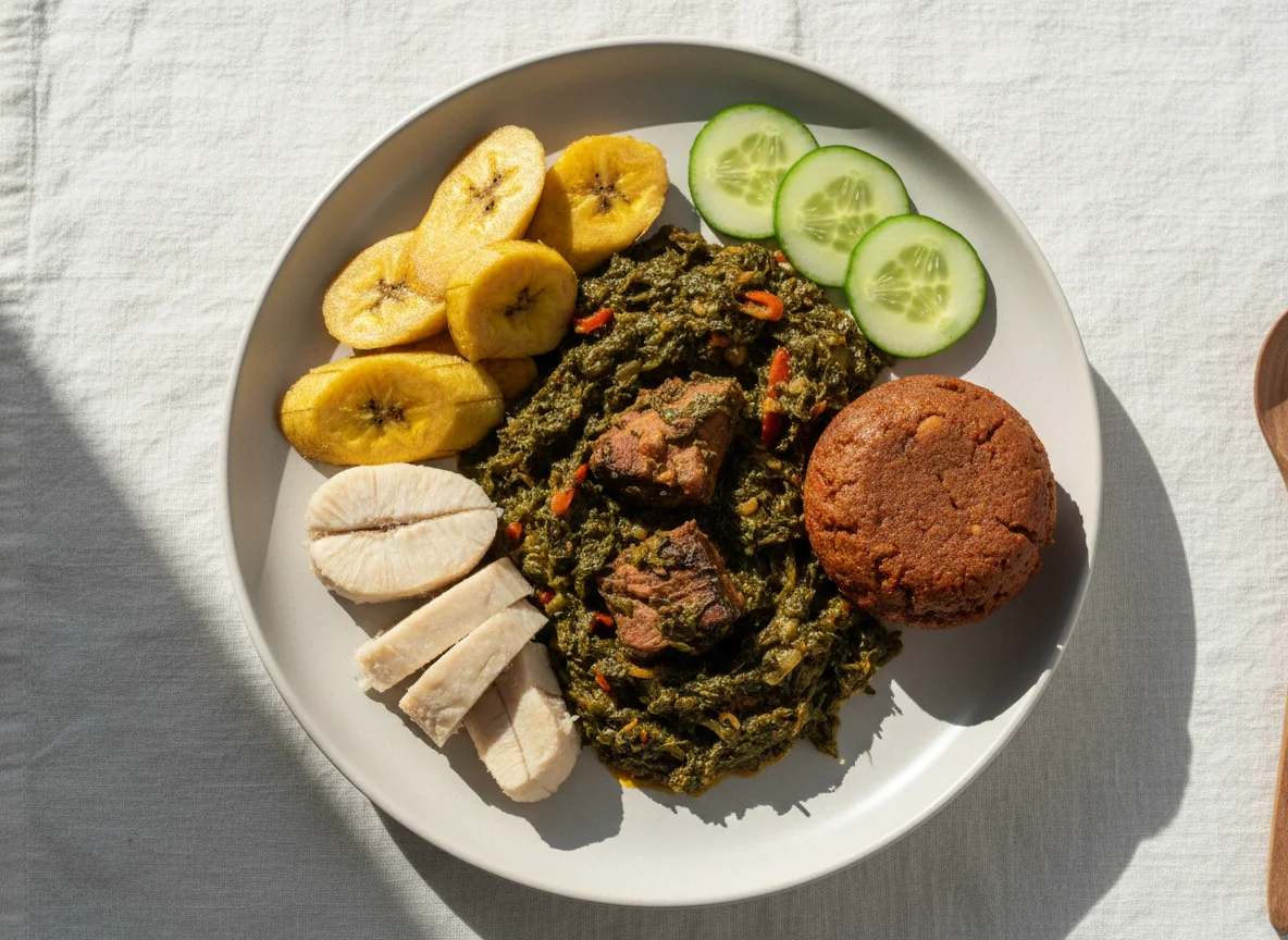 Yam and Plantain with Efo Riro and Moin-Moin photo