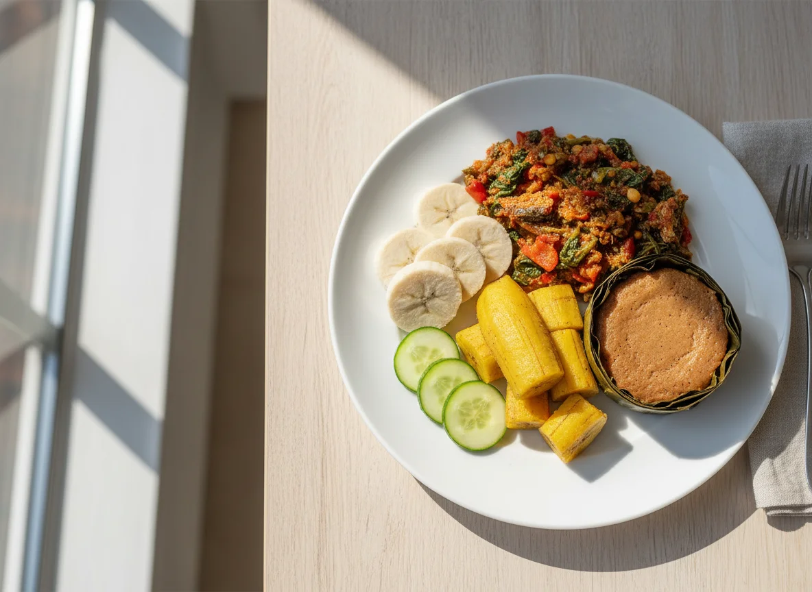 Yam and Plantain with Vegetable Sauce, Moin-Moin and Cucumber photo
