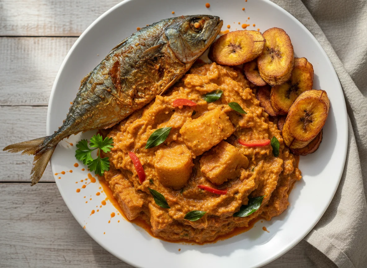 Yam Porridge with Fried Fish and Plantain photo