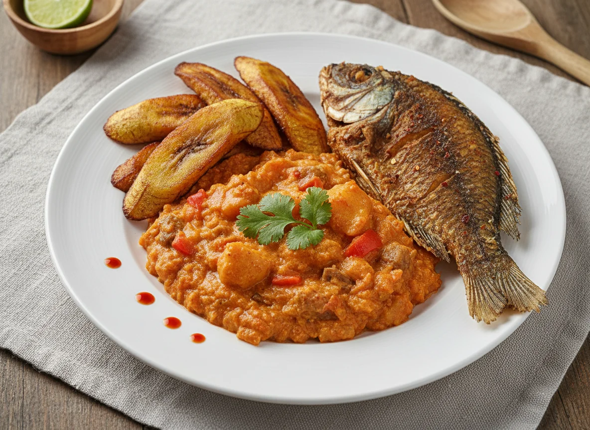 Yam Porridge with Fried Plantain and Fish photo