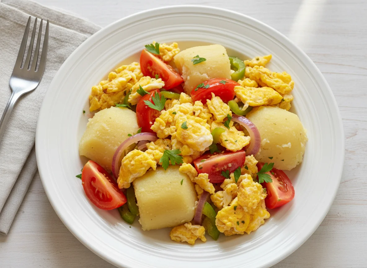 Yam with Scrambled Eggs and Vegetables photo