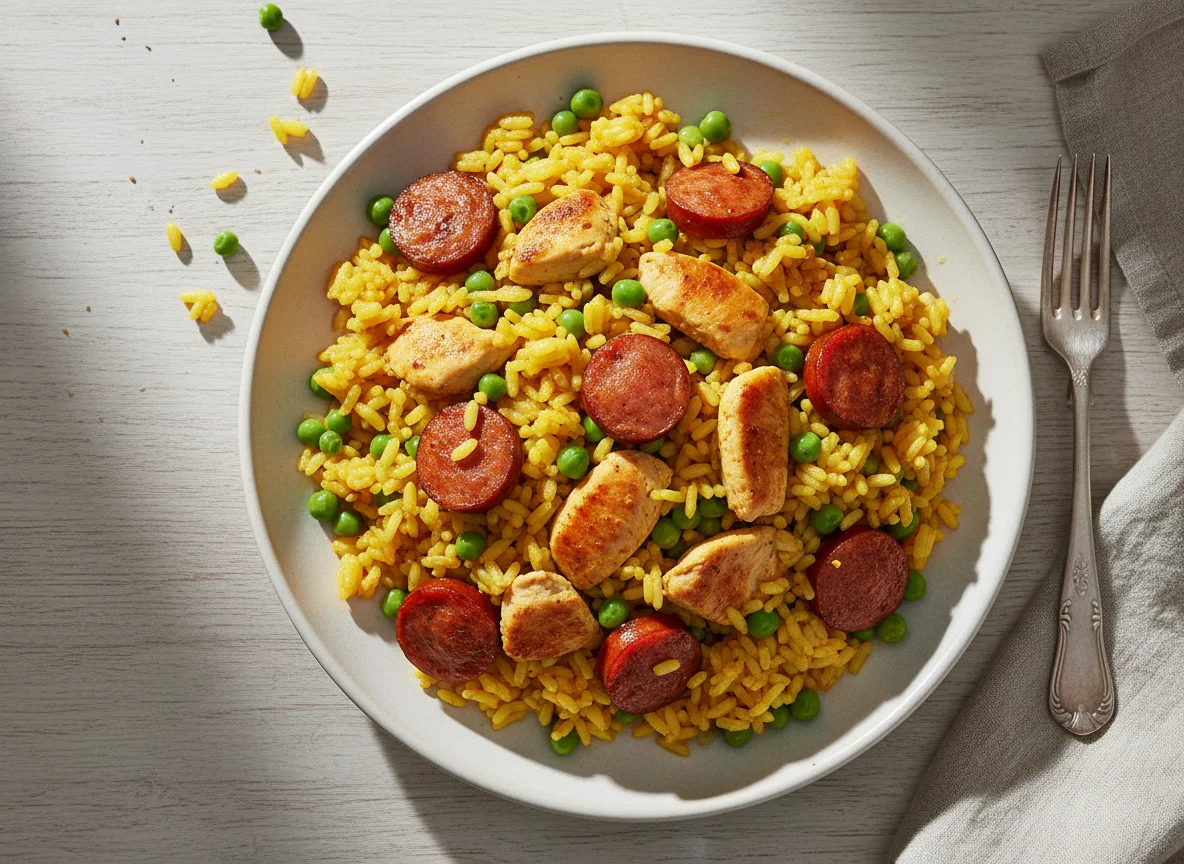 Yellow Rice with Sausage, Chicken, and Peas photo