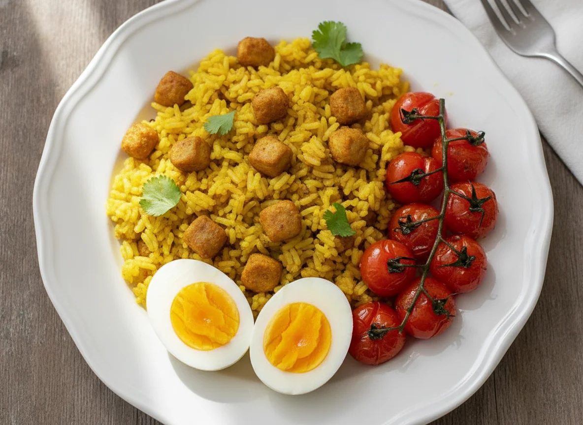 Yellow Rice with Soya Chunks, Boiled Eggs and Tomatoes photo