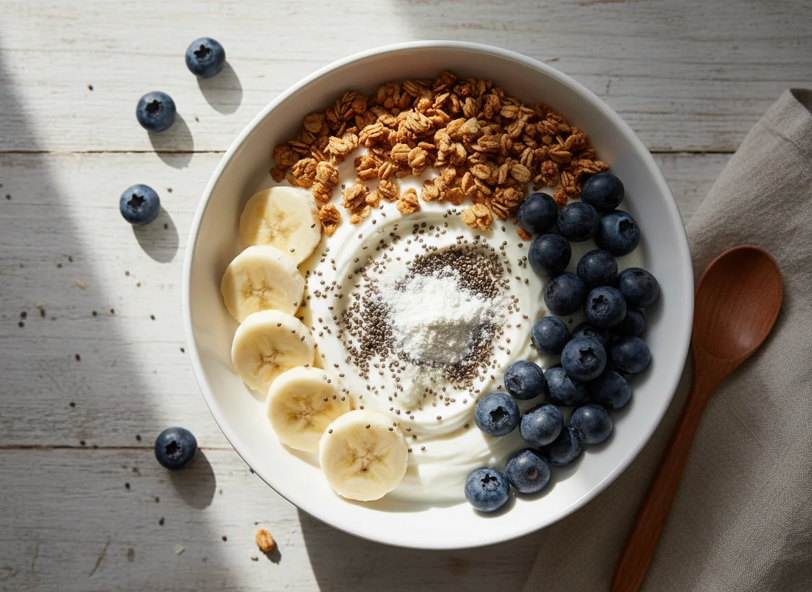 Yoghurt bowl with fruit, chia seeds, granola, protein powder and creatine photo