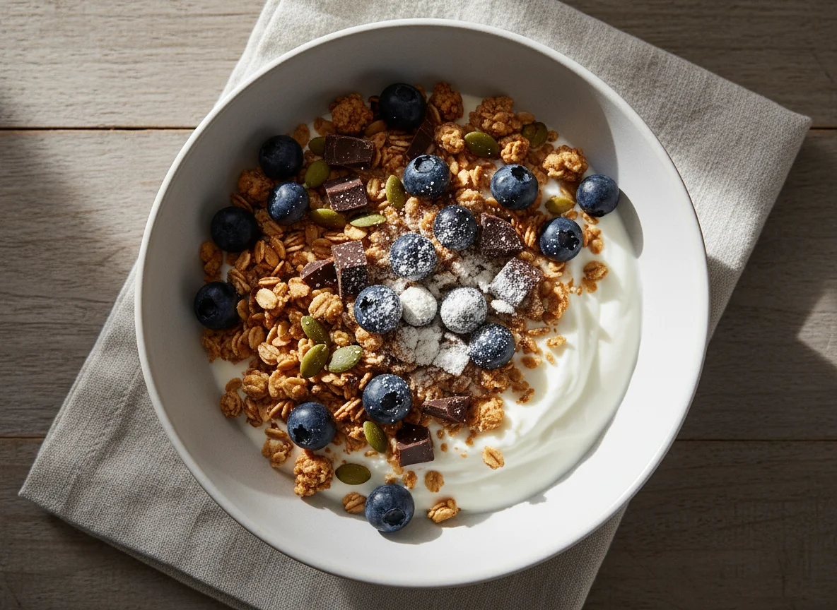 Yoghurt bowl with granola, blueberries, pumpkin seeds, chocolate chunks and protein powder photo