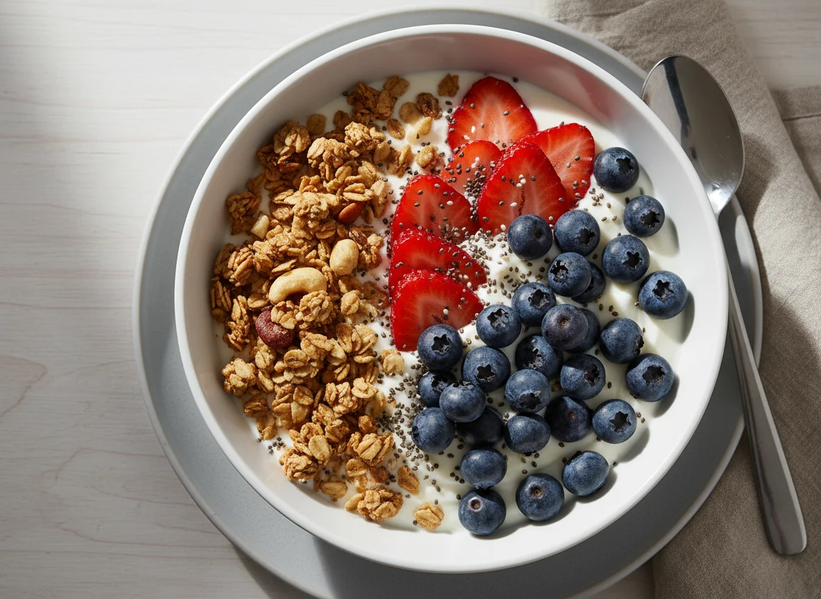 Yoghurt with Berries, Granola and Chia Seeds photo