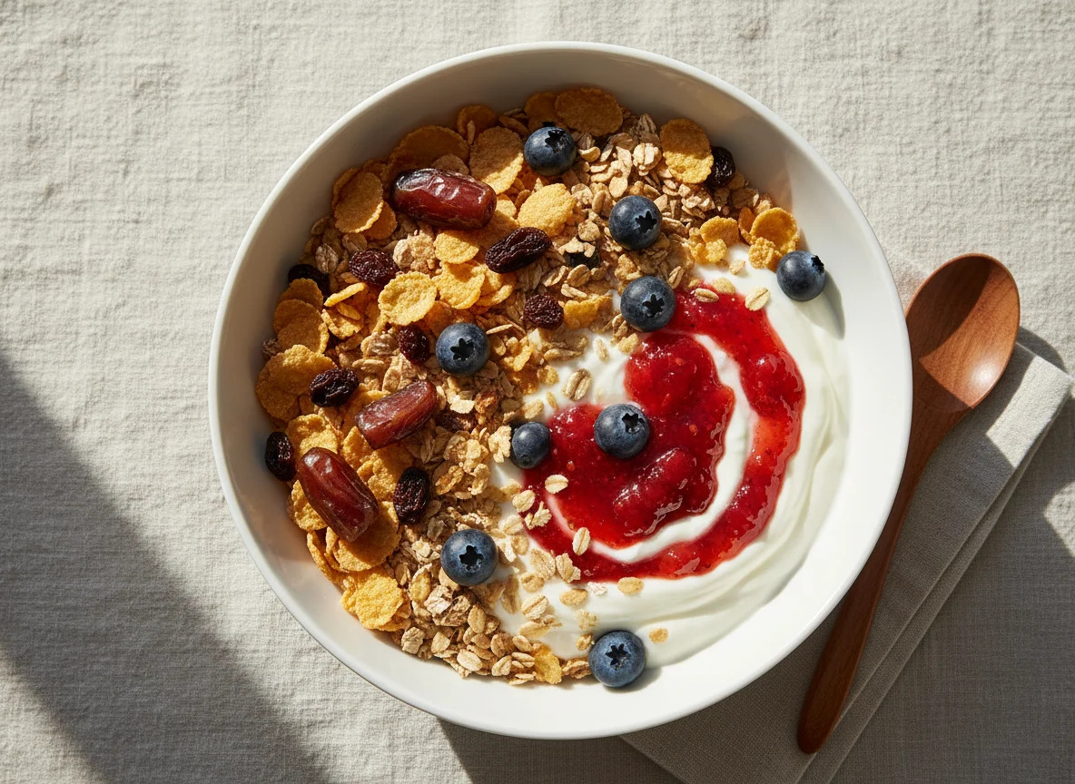 Yoghurt with Cereal, Fruit, and Jam photo