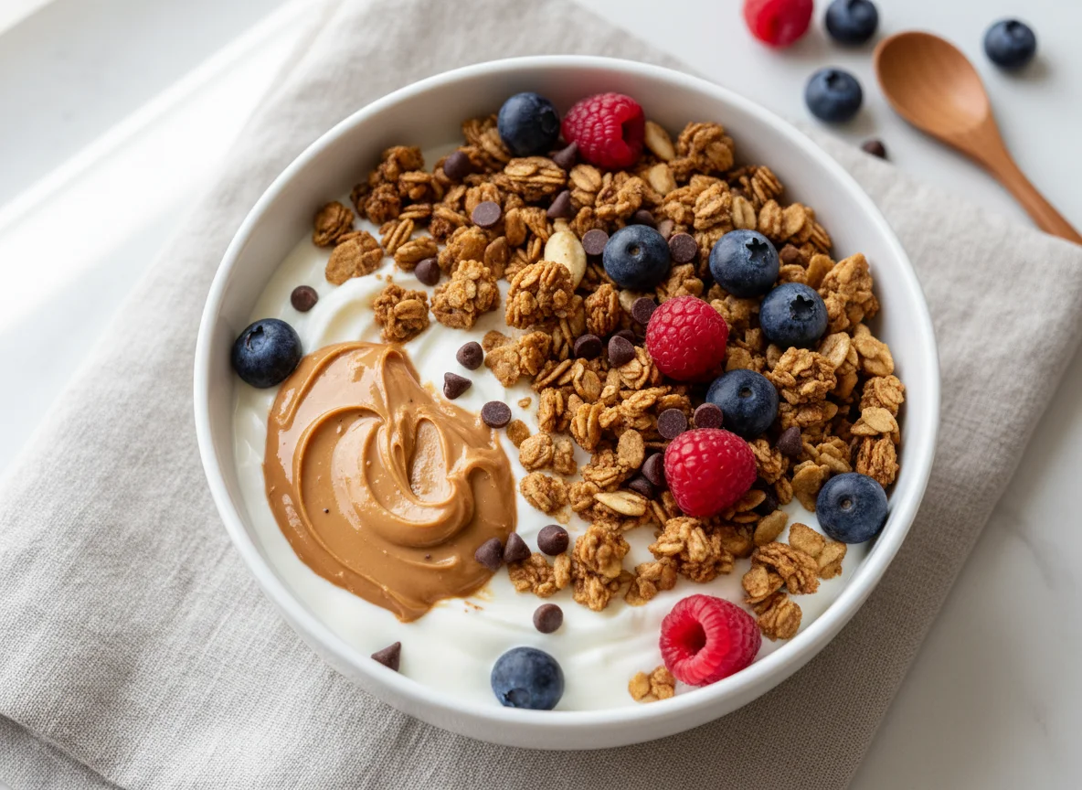 Yoghurt with Granola, Berries and Peanut Butter photo