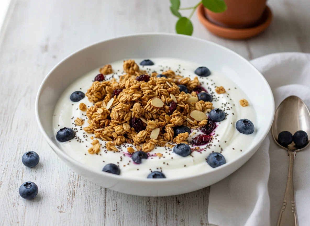 Yoghurt with Granola, Blueberries and Chia Seeds photo
