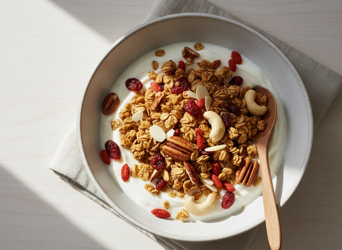Yoghurt with Granola, Nuts, and Dried Fruit photo