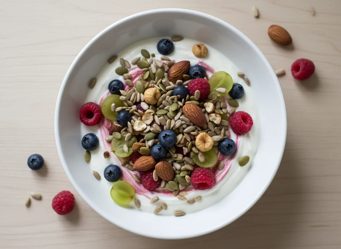 Yoghurt with Mixed Berries, Grapes, Nuts and Seeds photo