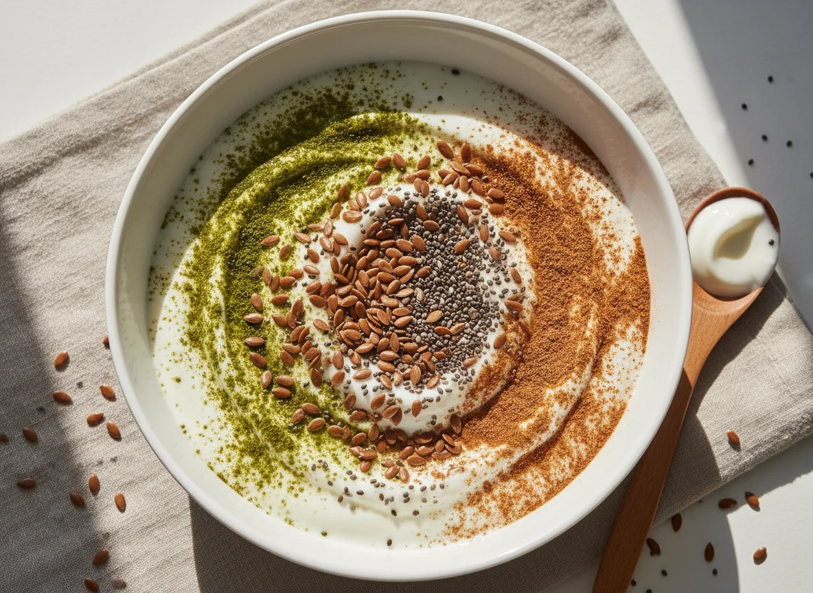 Yoghurt with seeds and powders photo