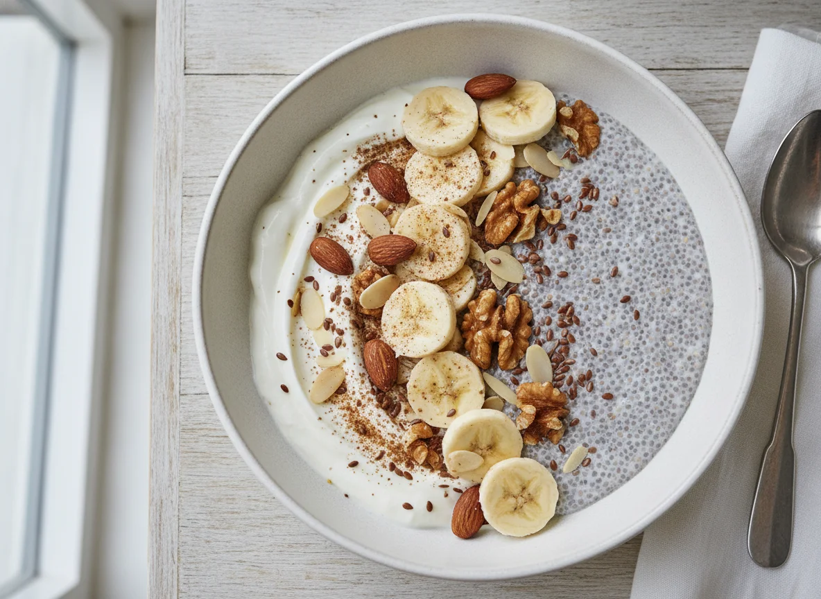 Yogurt and Chia Seed Breakfast Bowl with Nuts photo