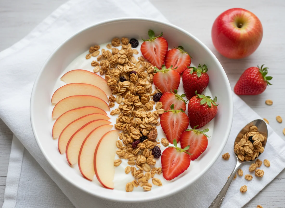 Yogurt bowl with apple, strawberries and granola photo