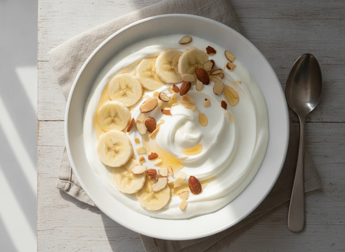 Yogurt bowl with banana and almonds photo
