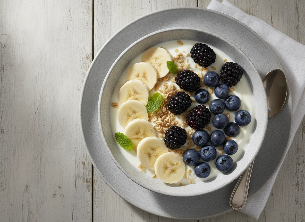 Yogurt bowl with banana and berries photo
