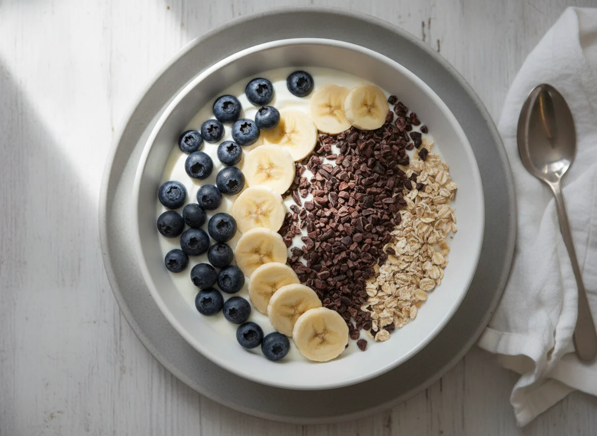 Yogurt bowl with banana and blueberries photo