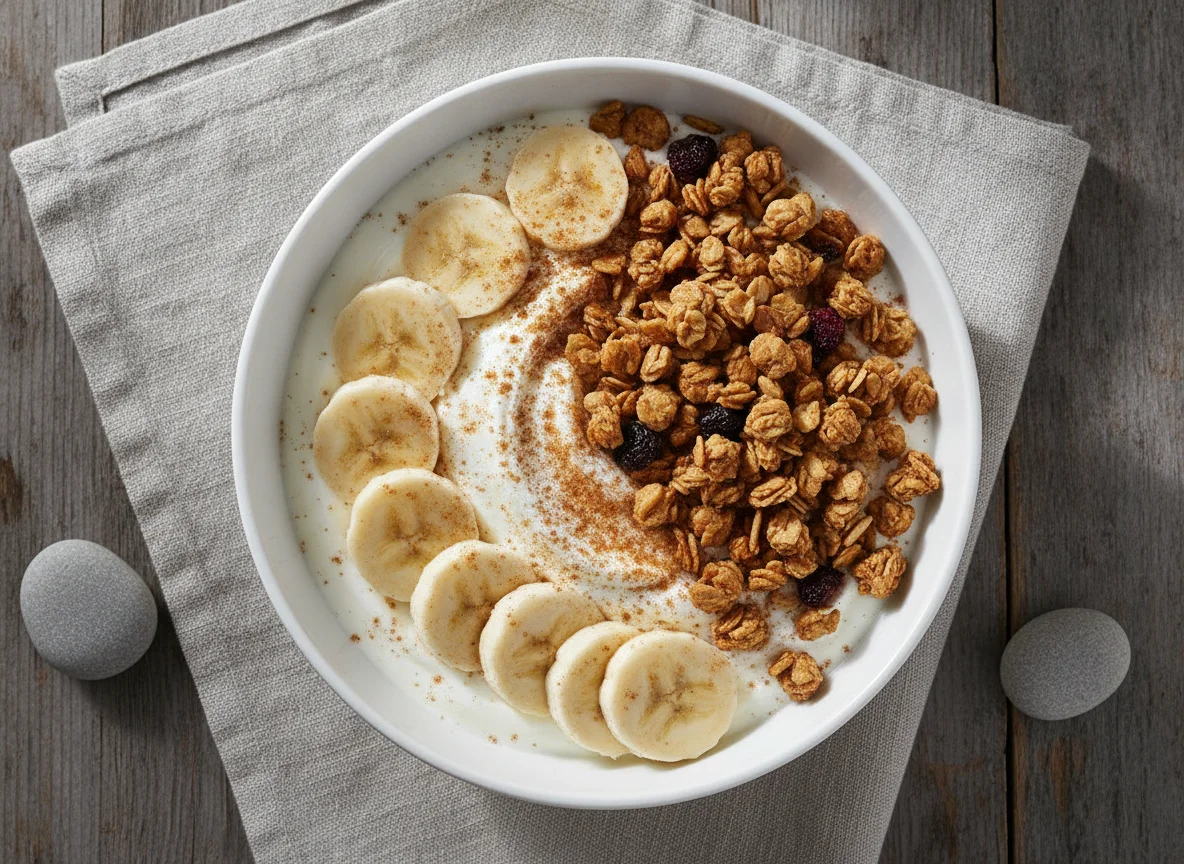 Yogurt bowl with banana and granola photo
