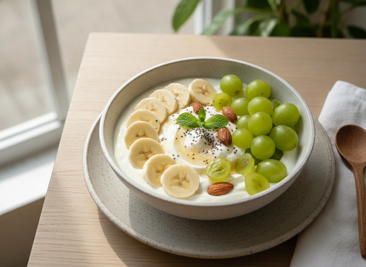 Yogurt bowl with banana and grapes photo