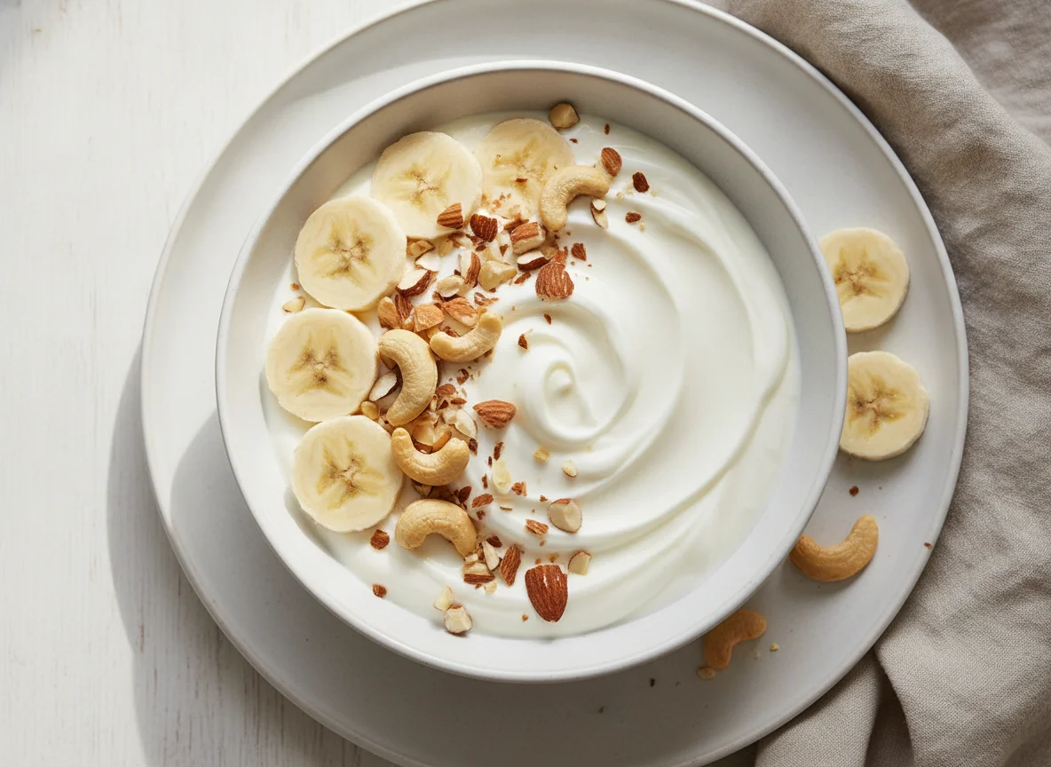 Yogurt bowl with banana and nuts photo