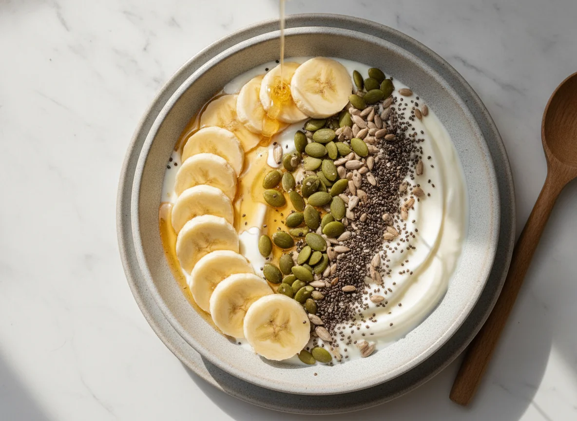 Yogurt bowl with banana and seeds photo