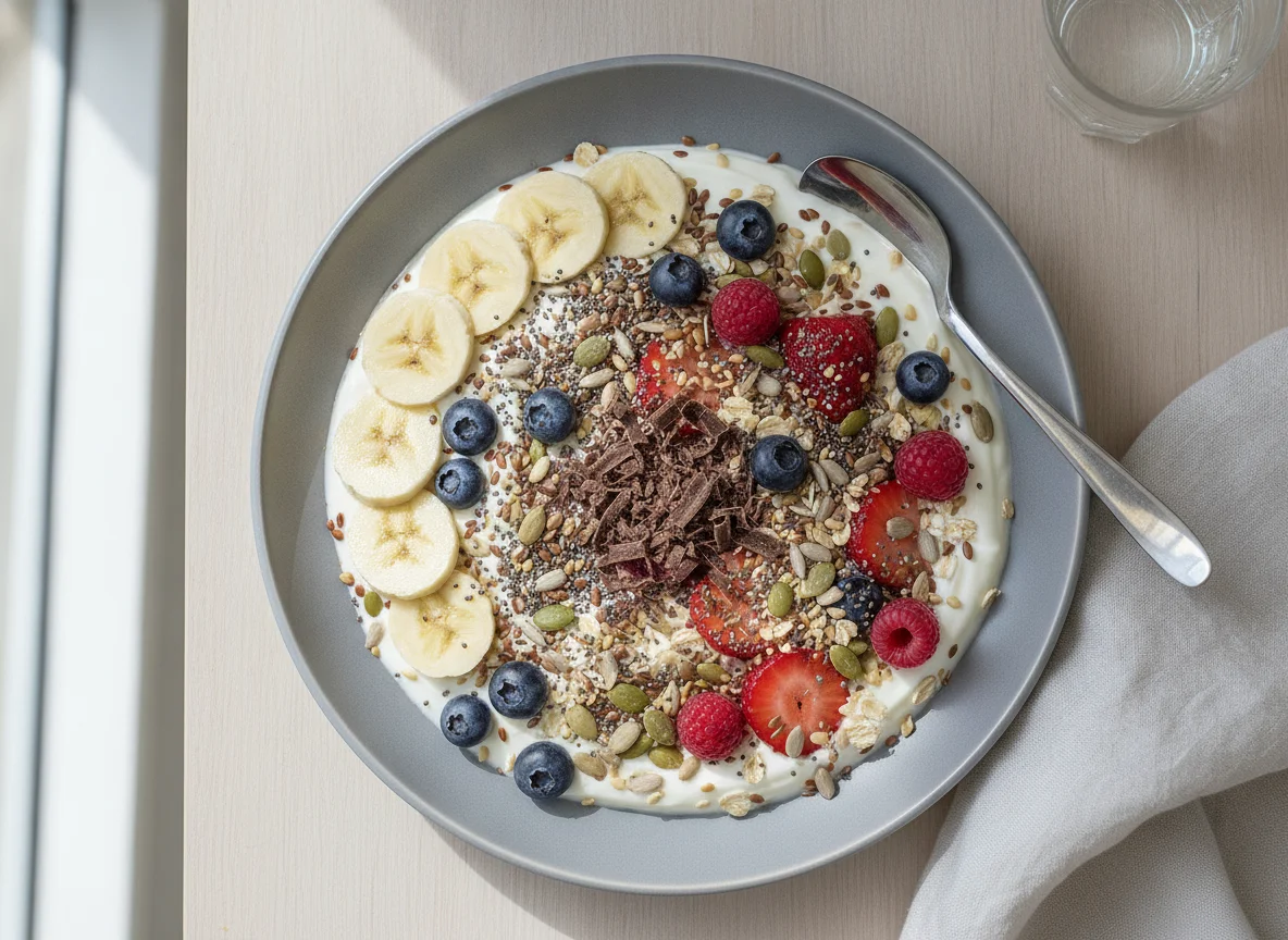 Yogurt bowl with banana, berries, and seeds photo