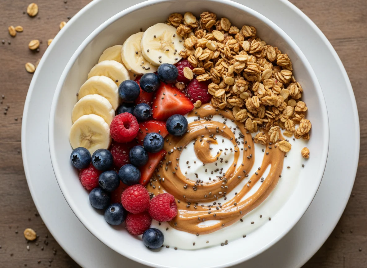 Yogurt Bowl with Banana, Berries, Peanut Butter, Granola and Chia Seeds photo
