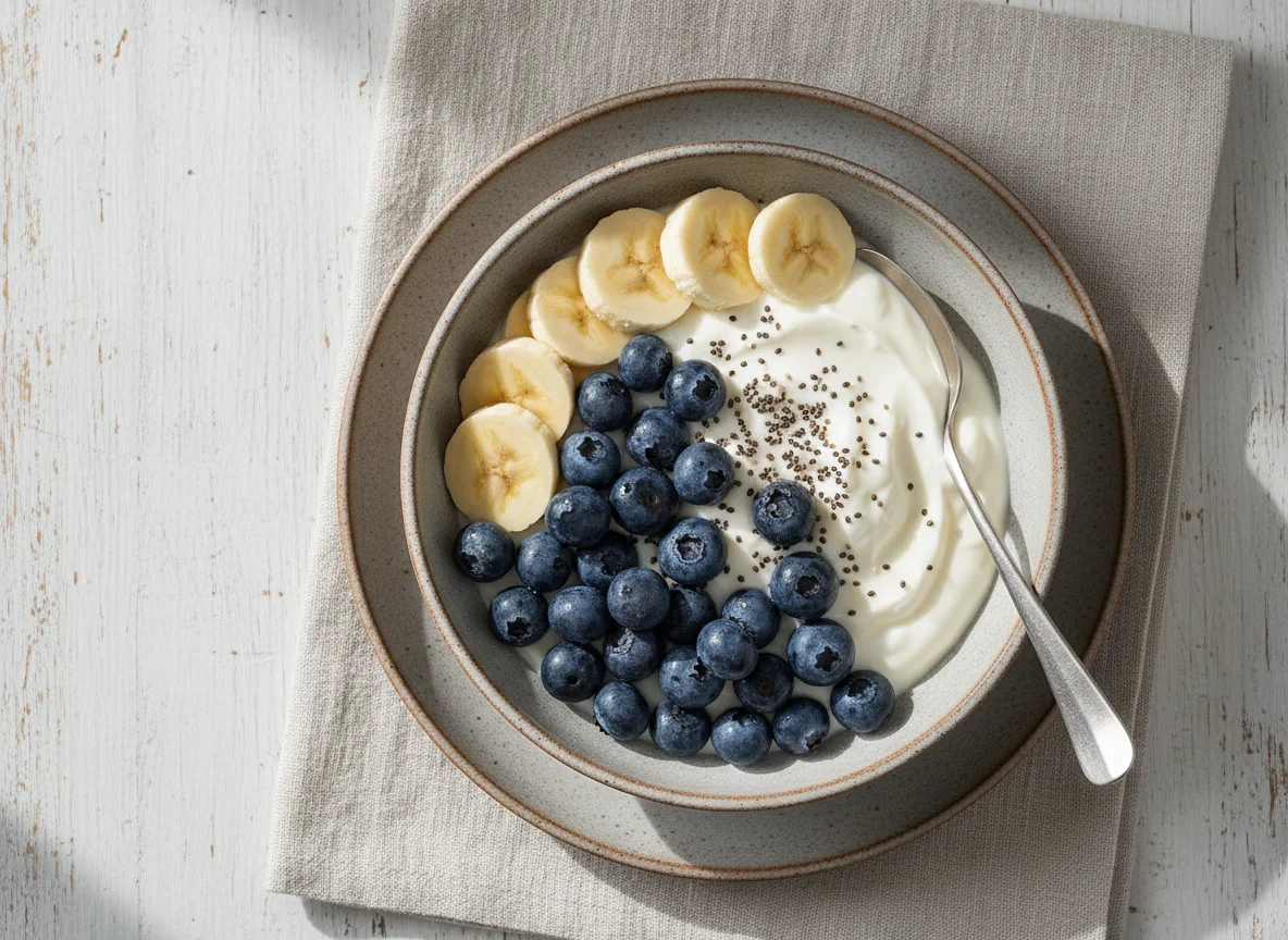 Yogurt bowl with banana, blueberries, and chia seeds photo