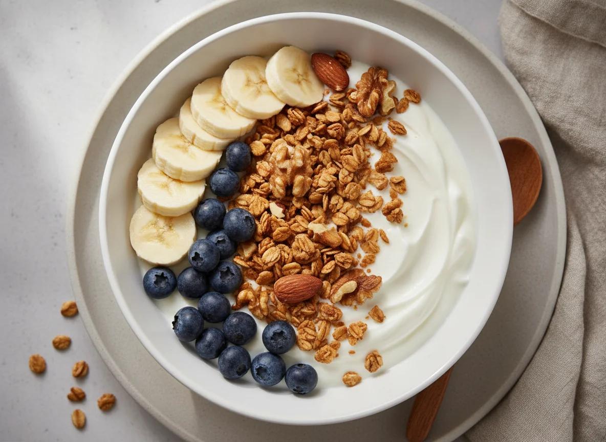 Yogurt bowl with banana, blueberries and granola photo