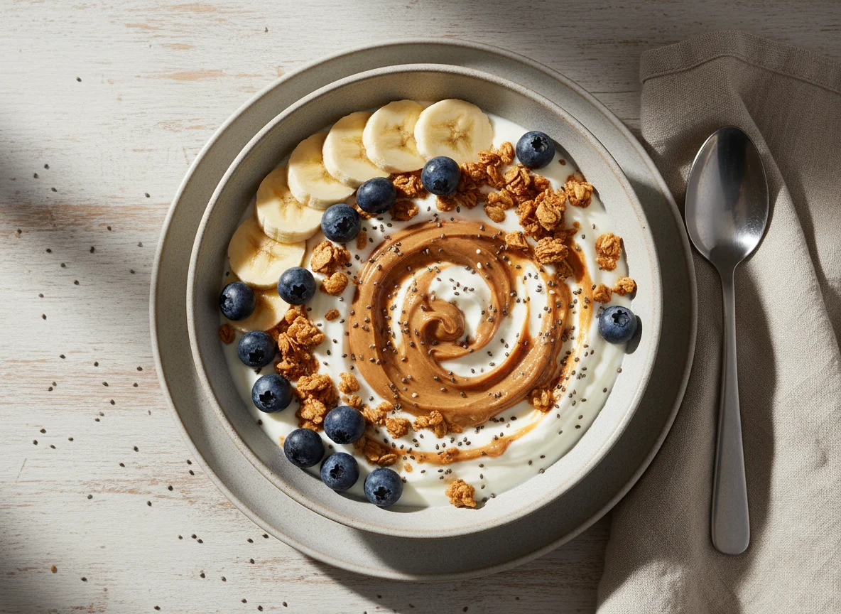 Yogurt bowl with banana, blueberries, granola, peanut butter and chia seeds photo