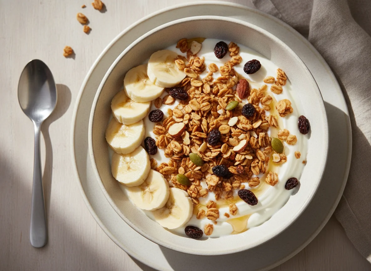 Yogurt Bowl with Banana, Granola, and Raisins photo